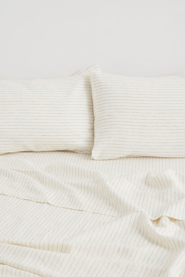 Linen Flat Sheet Olive Pinstripe