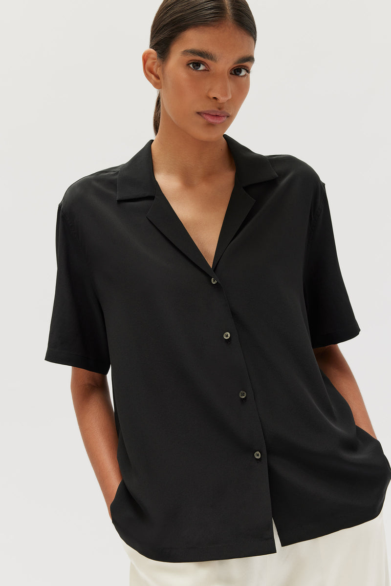 black silk short sleeve shirt