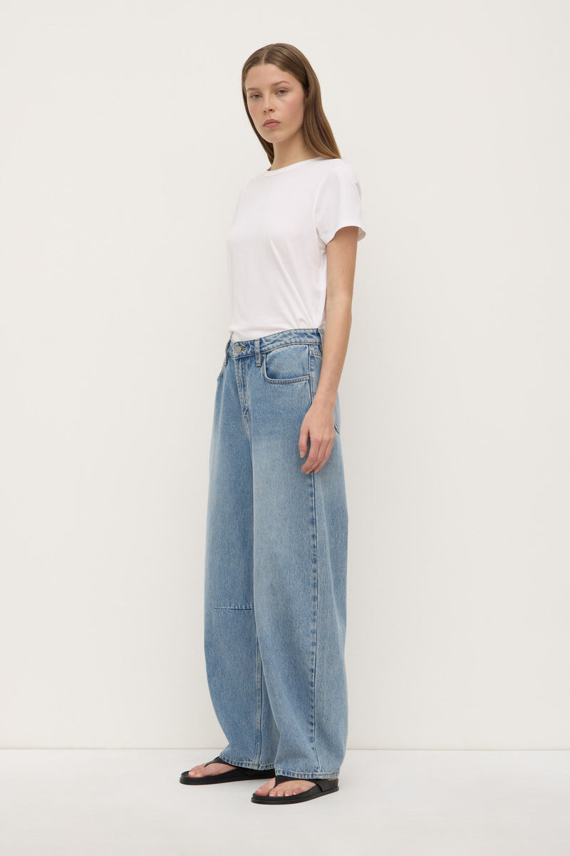 Womens High Rise Barrel Jean Indigo Fade Assembly Label