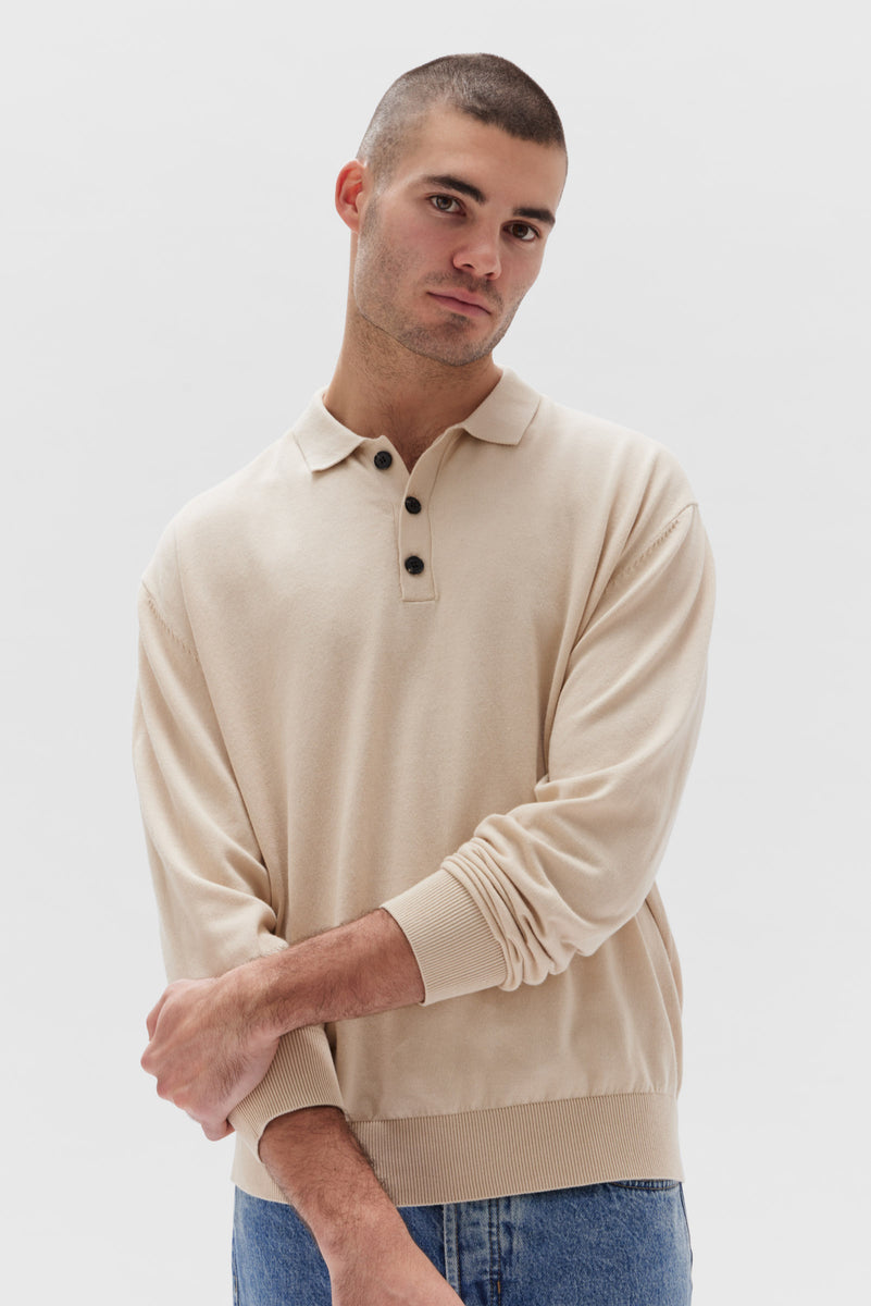 Oscar Knit Polo Stone | Assembly Label Mens Knitwear