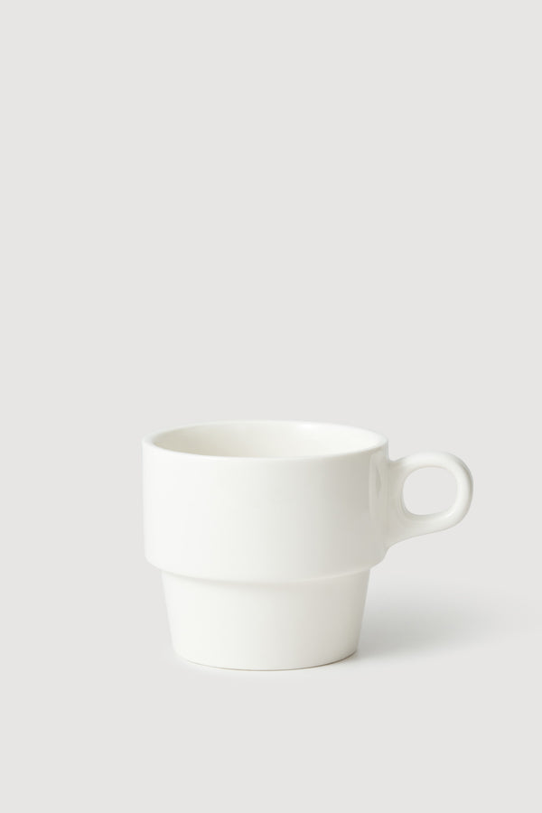 Service projects white cafe style stackable mug against a white background.