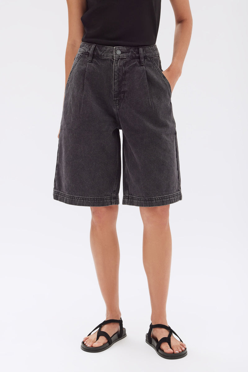 Womens Pleat Denim Short Vintage Black Assembly Label