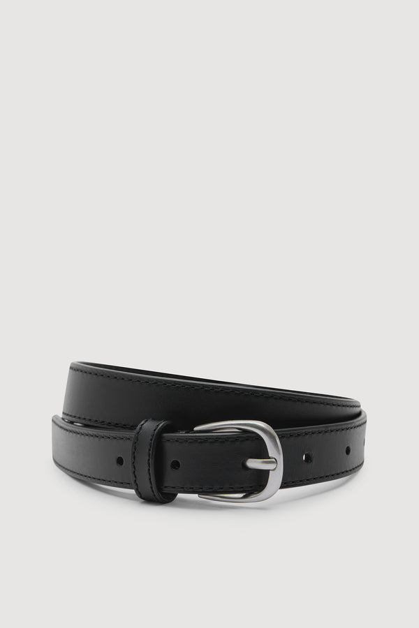 Womens Slim Leather Belt Black Brushed Nickel-1