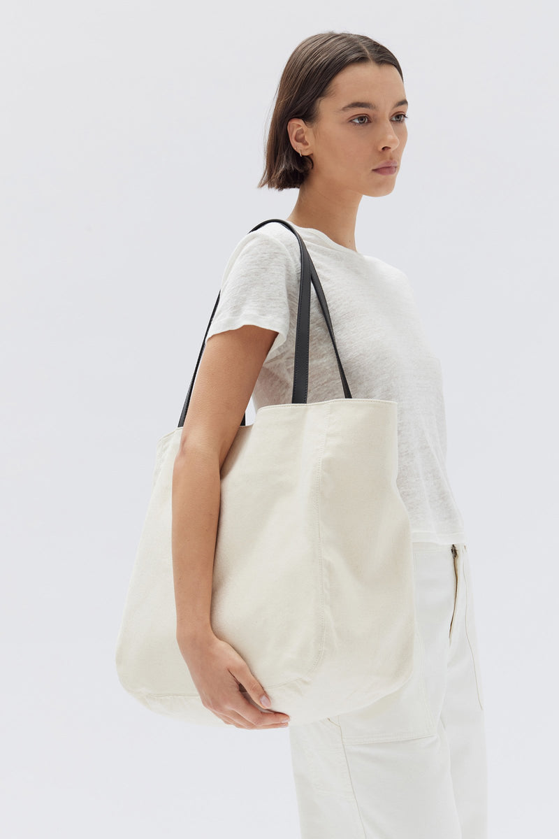 Leather Trim Canvas Tote Natural Assembly Label