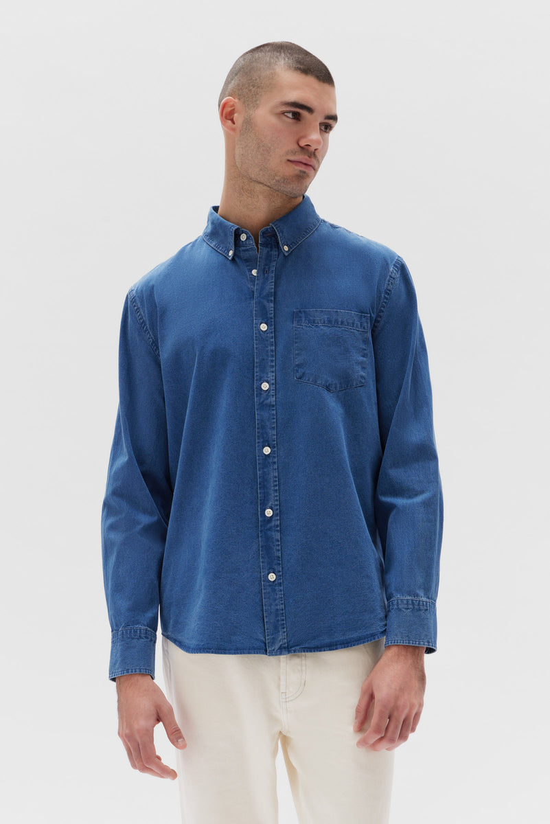 Mens Chambray Long Sleeve Shirt Mid Indigo | Assembly Label