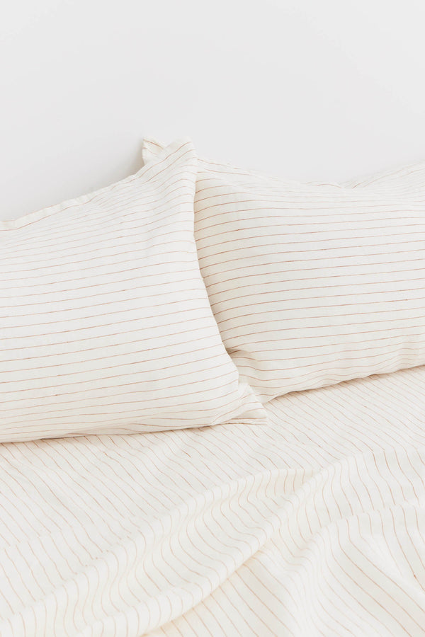 Linen Duvet Cover Tobacco Pinstripe Assembly Label