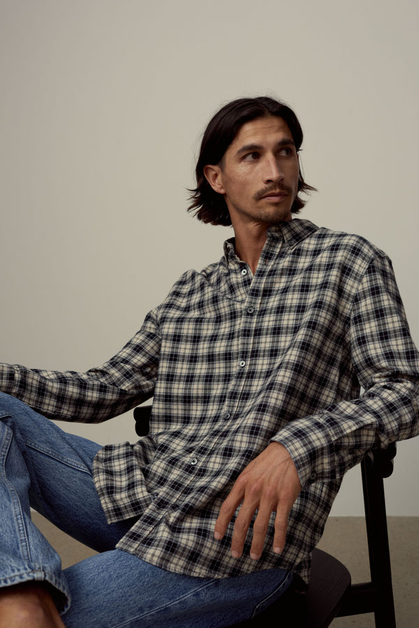 Mens Flannel Long Sleeve Shirt Navy Check | Assembly Label