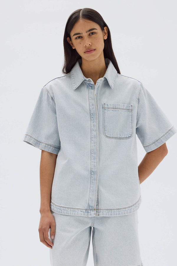 Womens Marlow Boxy Denim Shirt Bleach Assembly Label