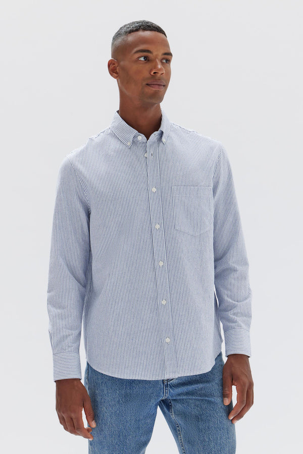 Essentials Men's Regular-Fit Long-Sleeve Oxford Shirt, Blue Stripes,  XS : : Fashion