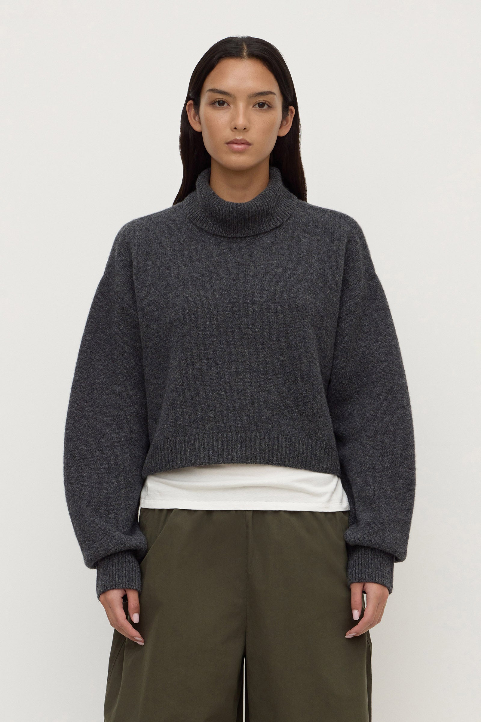 Womens Paris Wool Cashmere Knit Turtleneck Charcoal Marle