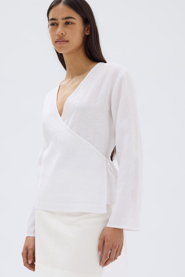 Womens Renee Linen Wrap Top White Assembly Label