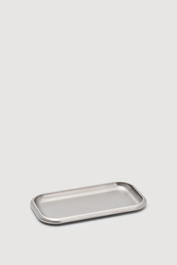 Service projects small stainless steel rectangle shape serving tray, set against a plain white background.