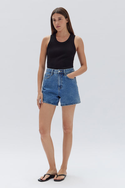 Womens Vintage Denim Short Dark Stone Assembly Label